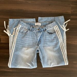 Telepatia Y2K Wide Leg Ribbon Stripe Bow Accent 11/30 Stretch 90s Streetwear